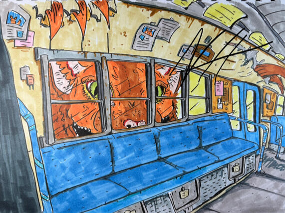Full Piece Illustration — Original "Large Cat Looking Into Train"